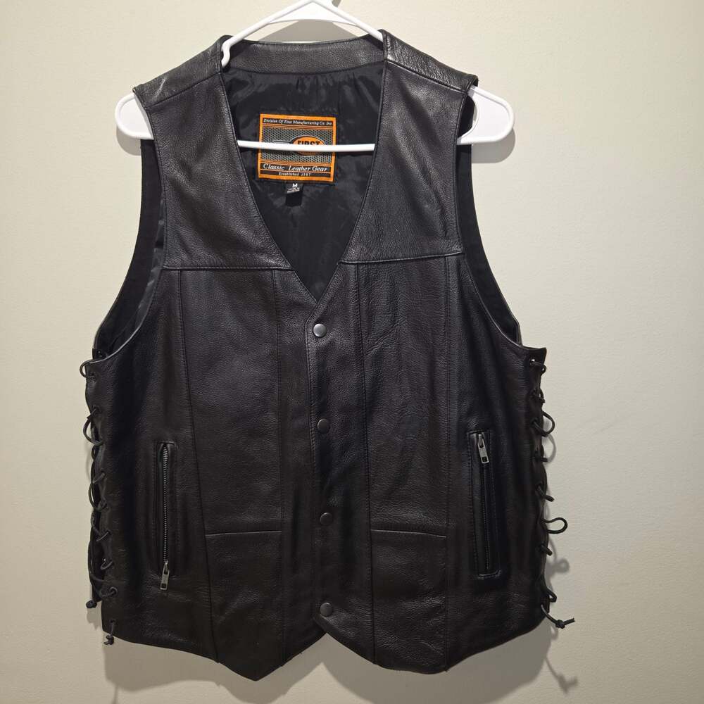 First Classics Leather Gear Men's Black Leather Motorcycle Vest with Side Laces